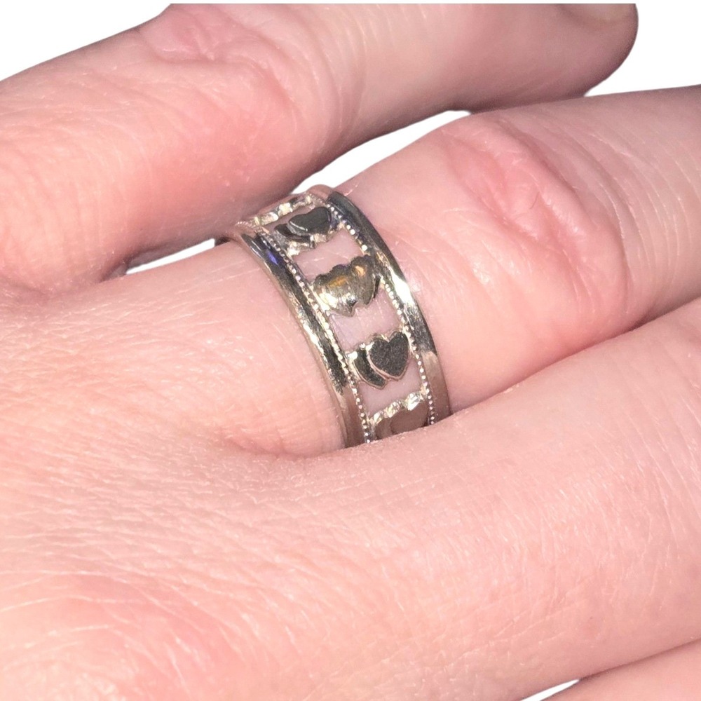 Unsigned 925 Sterling Silver Ring Size 8 Openwork Double Heart Milgrain Band VTG